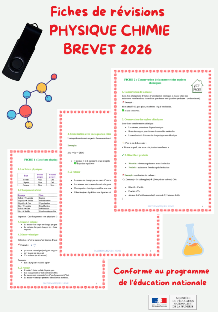 Clé USB Fiches de Révision Brevet Physique-Chimie 2026 + corrigé Brevet 2025
