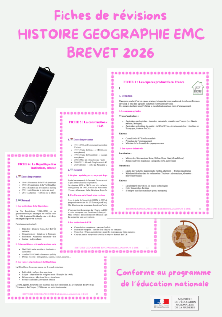 Clé USB Fiches de Révision Brevet Histoire géographie EMC 2026