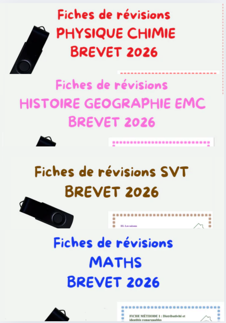 Clé USB Pack de révision COMPLET: fiches SVT, fiches Histoire géographie EMC, fiches Maths, fiches physique chimie