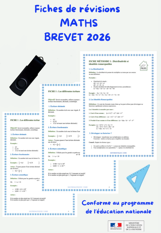 Clé USB – Fiches de Révision Brevet Maths + corrigés brevet 2024 et 2025