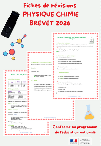 Clé USB Fiches de Révision Brevet Physique-Chimie 2026 + corrigé Brevet 2025