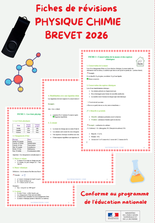 Clé USB Fiches de Révision Brevet Physique-Chimie 2026 + corrigé Brevet 2025