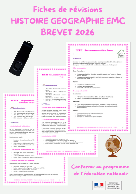 Clé USB Fiches de Révision Brevet Histoire géographie EMC 2026