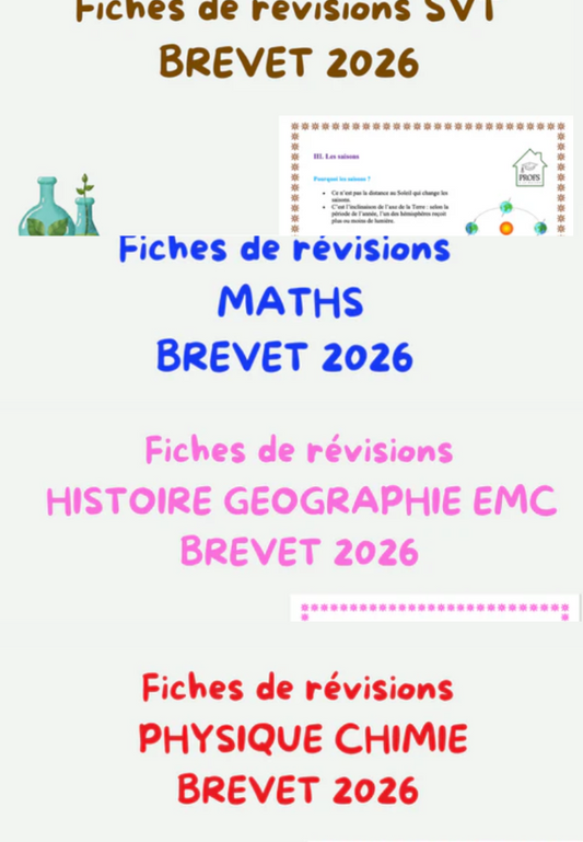 Pack de révisions COMPLET: fiches SVT, fiches Histoire géographie EMC, fiches Maths, fiches physique chimie