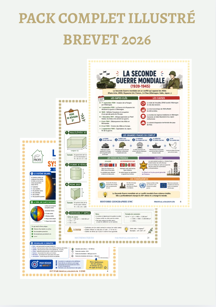 Pack de révisions COMPLET: SVT, Histoire géographie EMC, Maths,Français, physique chimie