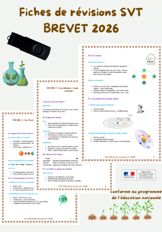 Clé USB Fiches de Révision Brevet SVT 2026 + corrigé Brevet 2025