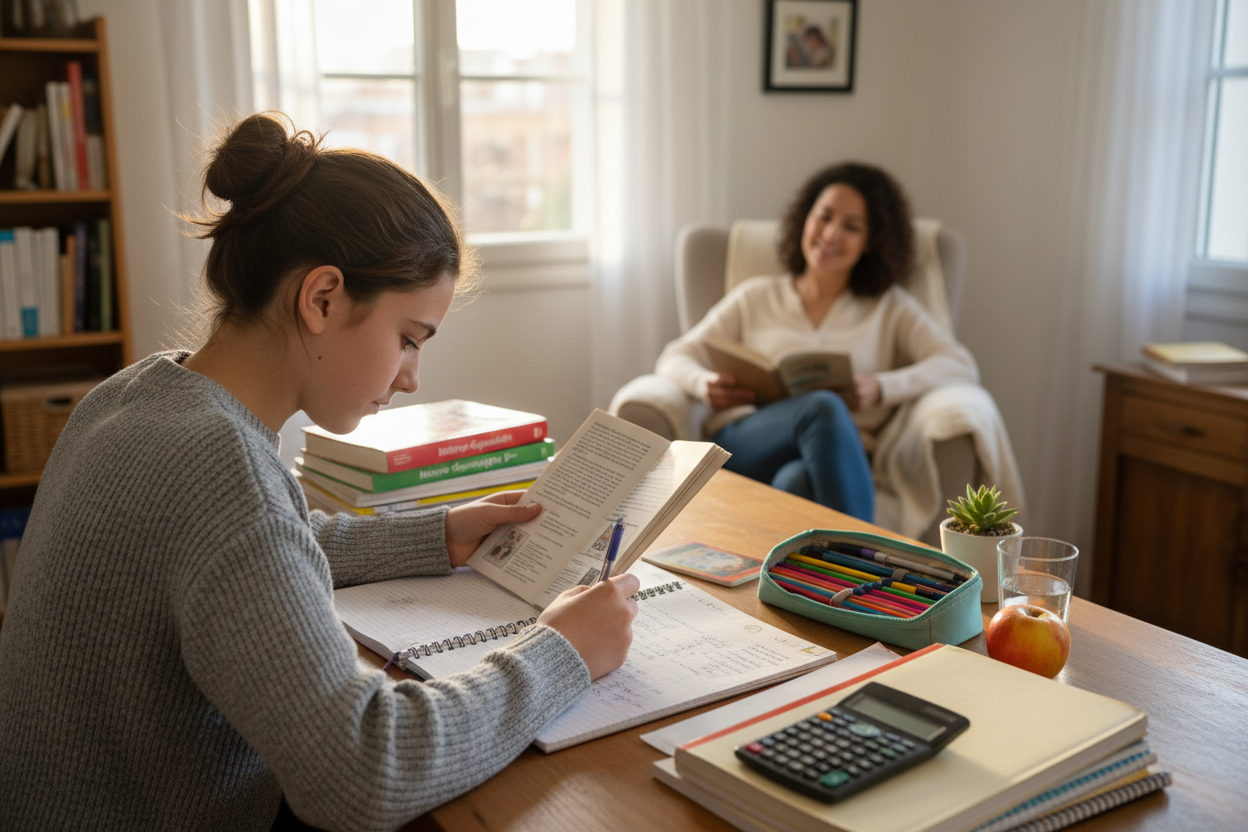 Un élève de 3ᵉ en train de réviser calmement, à son bureau,
avec un parent en arrière-plan (ou hors champ).